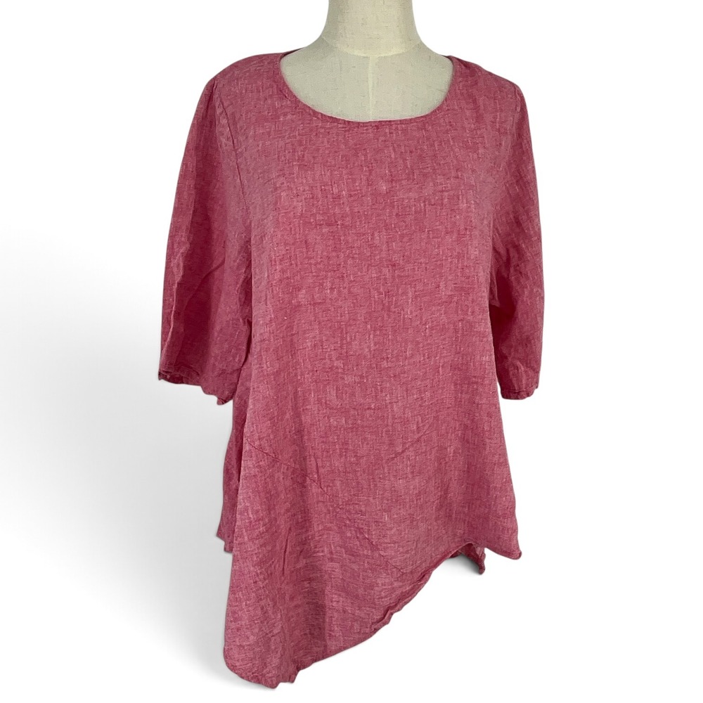 For Cynthia Womens Rose Pink Linen Blend Asymmetrical Sharkbite Hem Tunic Top L